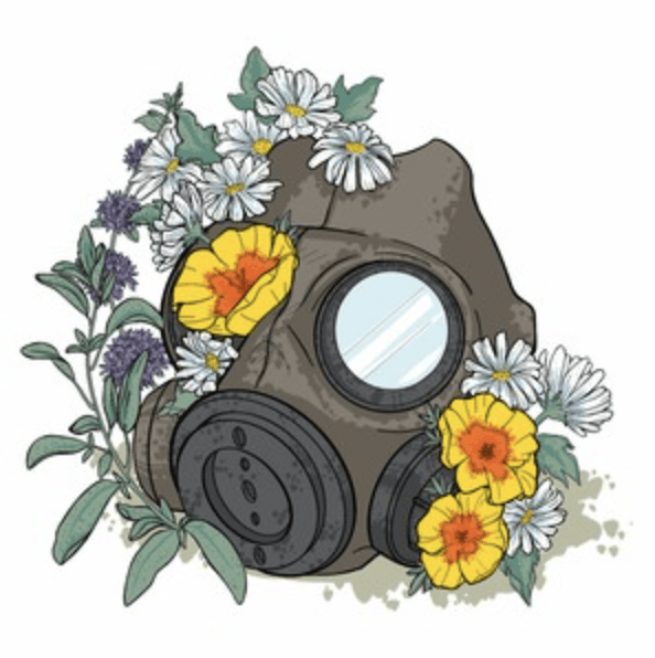 A digital drawing of a gas mask with flowers and plants growing out of and around it