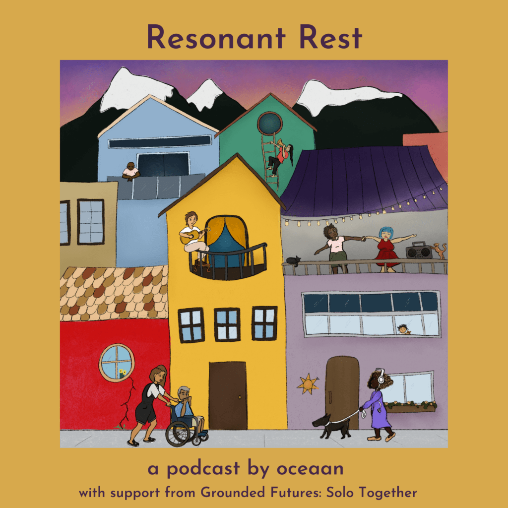 Cover art for Resonant rest with illustration of an urban scene with snow-capped mountains in behind with a purple-pink dusky sky. There are people walking, rolling, and playing music in the streets, from windows, and balconies.